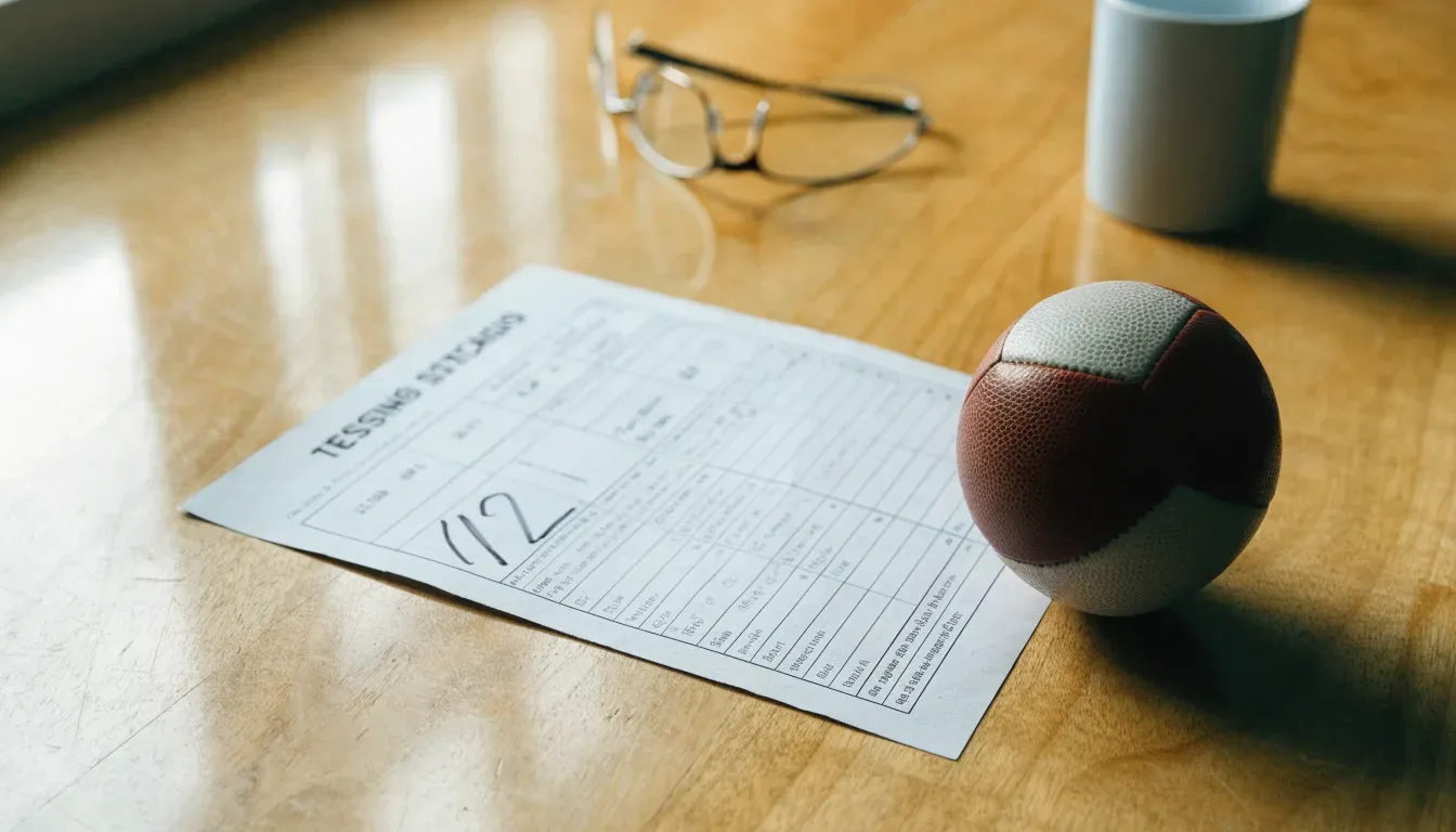 Un pallone da calcio appoggiato su una schedina bianca su un tavolo di legno, alla luce del giorno