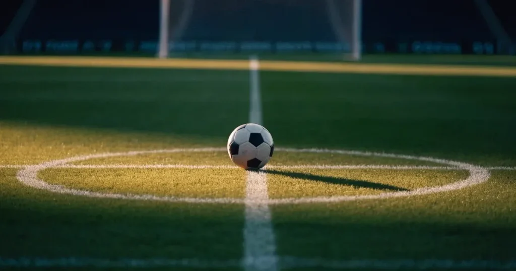 Un pallone da calcio sul dischetto del centrocampo di un prato, alla luce del mattino