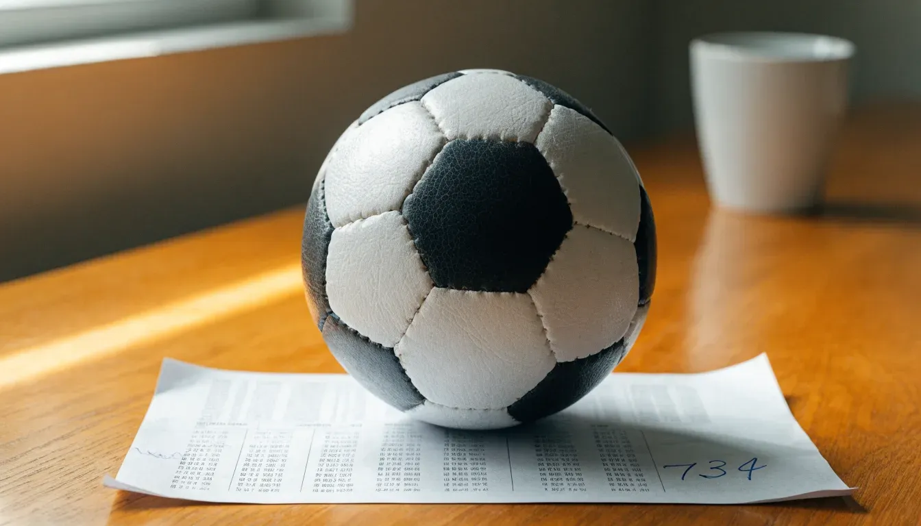 Un pallone da calcio appoggiato su una schedina bianca su un tavolo di legno, alla luce del giorno