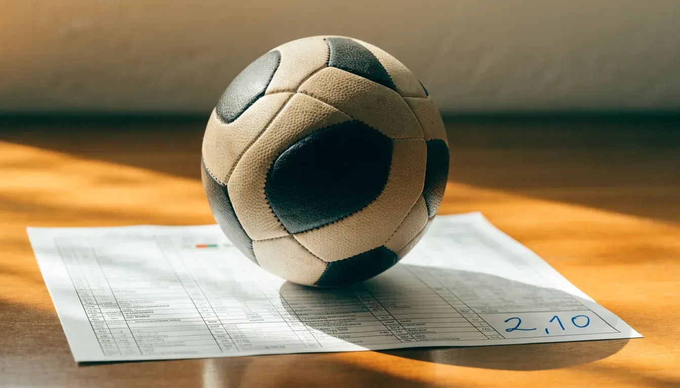 Un pallone da calcio appoggiato su una schedina bianca su un tavolo di legno, alla luce del giorno