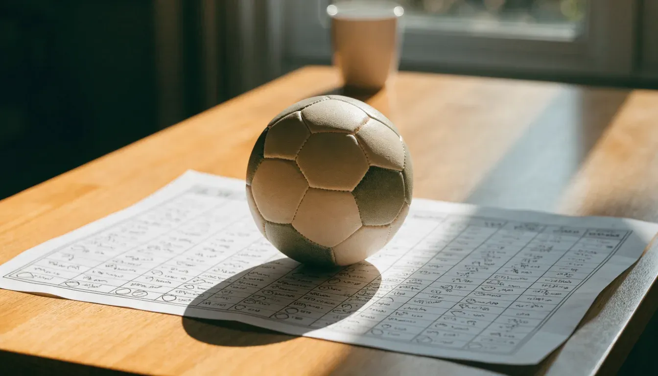 Un pallone da calcio appoggiato su una schedina bianca su un tavolo di legno, alla luce del giorno