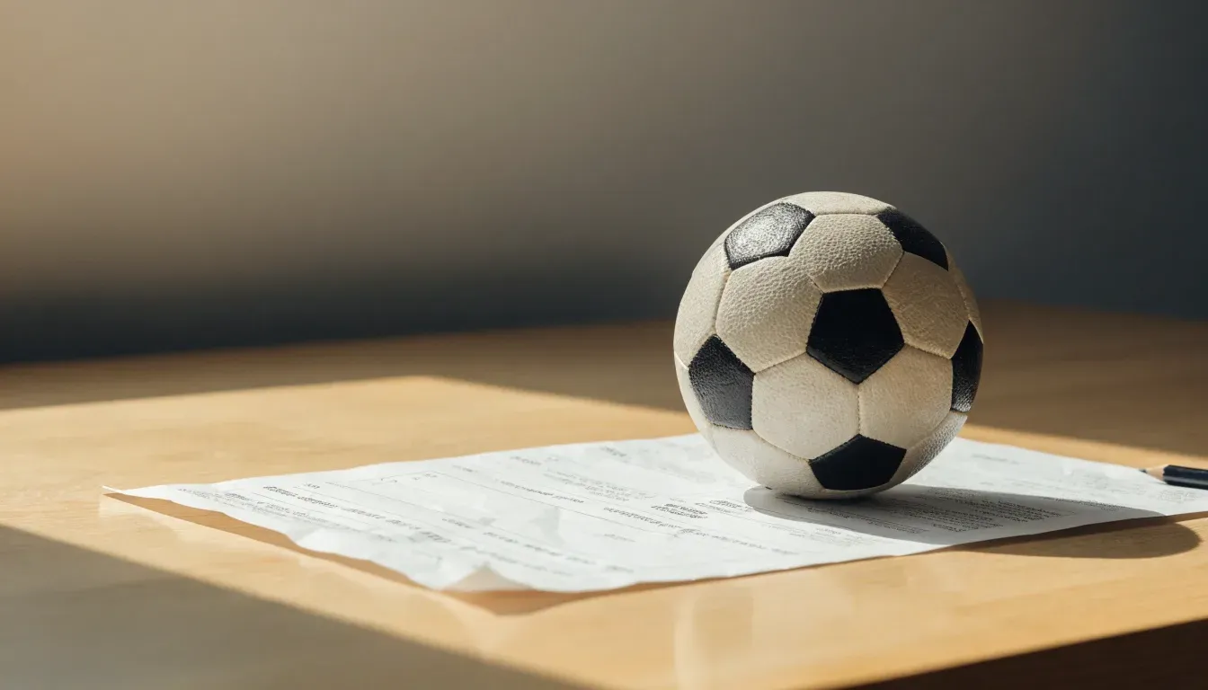 Un pallone da calcio appoggiato su una schedina bianca su un tavolo di legno, alla luce del giorno