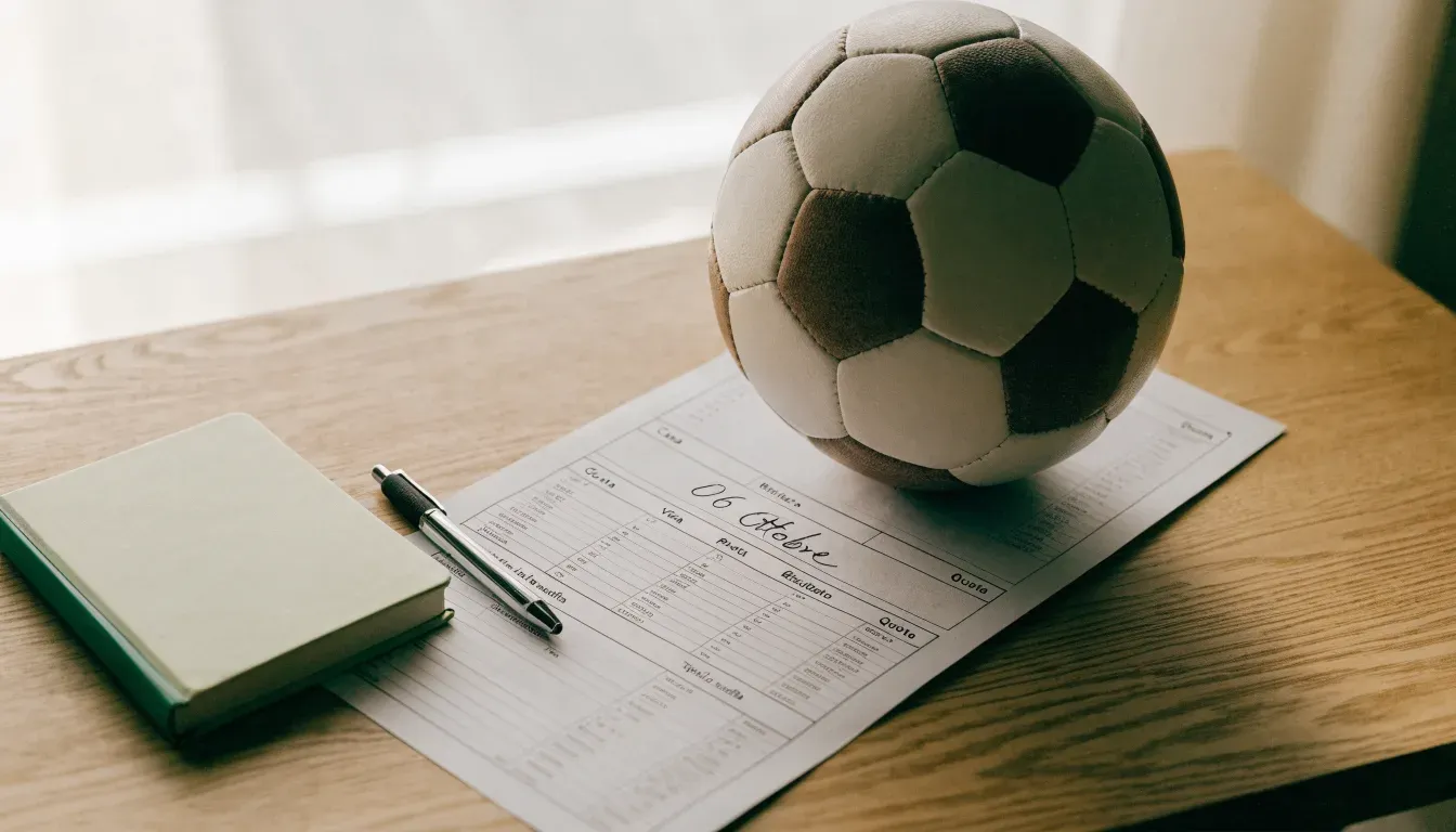 Un pallone da calcio appoggiato su una schedina bianca su un tavolo di legno, alla luce del giorno