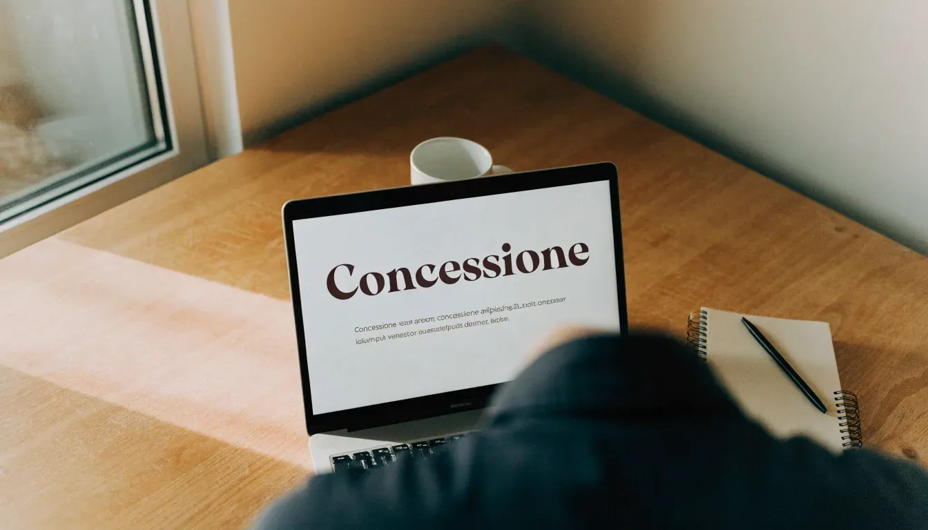 Un foglio di concessione in carta con un timbro rosso, appoggiato su una scrivania di legno accanto a una penna