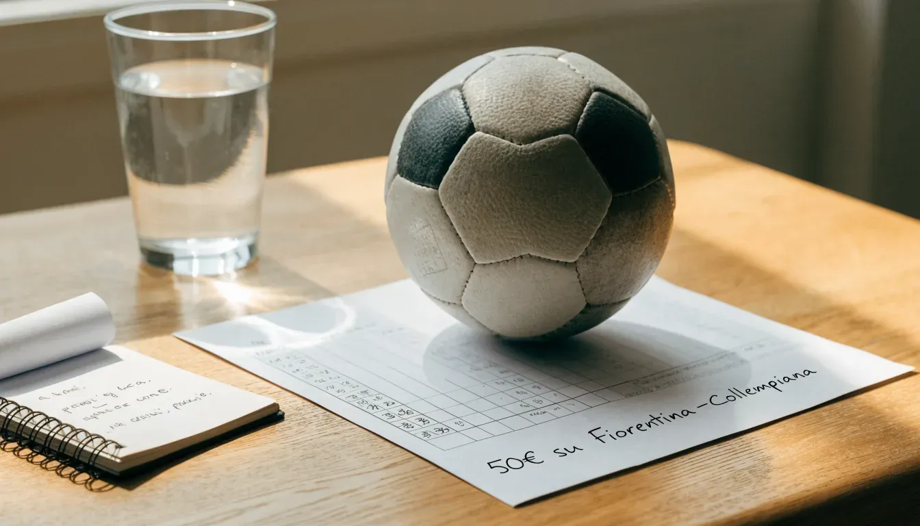 Un pallone da calcio appoggiato su una schedina bianca su un tavolo di legno, alla luce del giorno