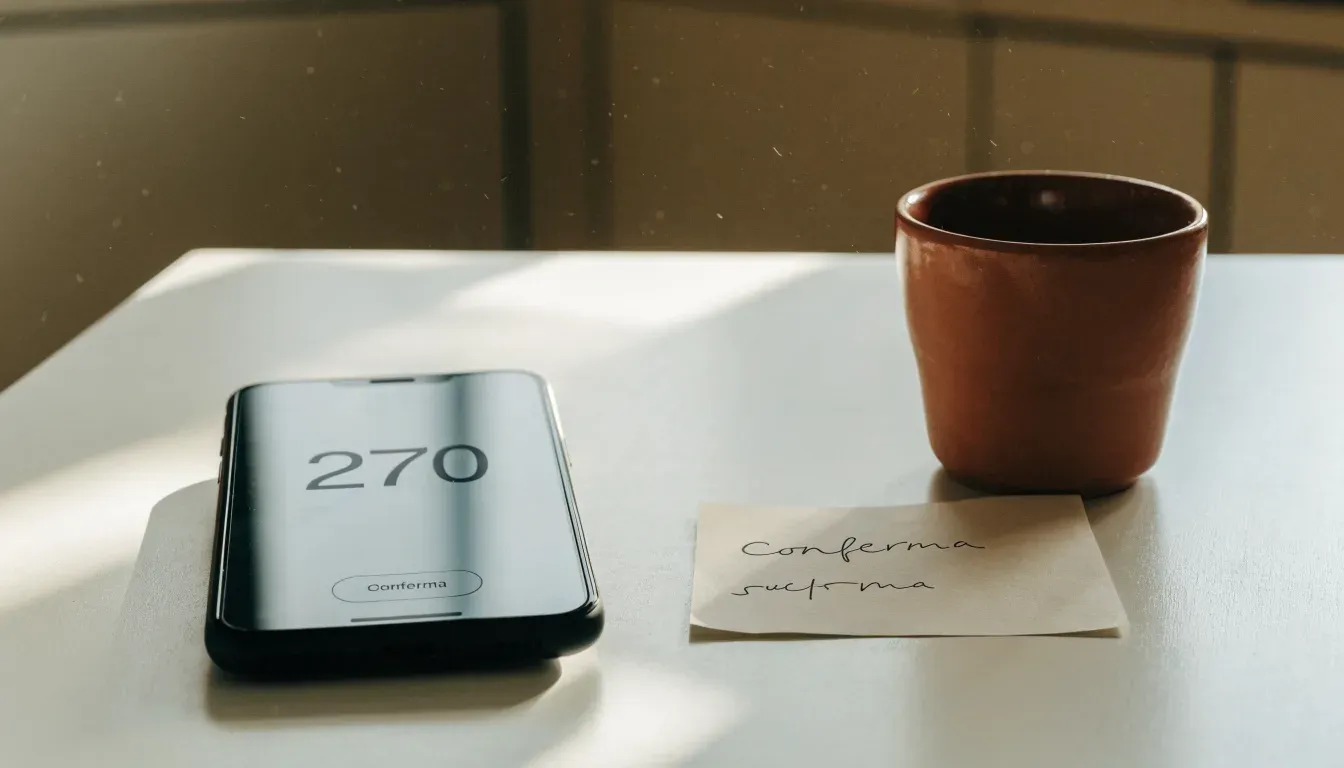 Un documento di identità appoggiato accanto a uno smartphone con un timer sullo schermo, su un tavolo da cucina