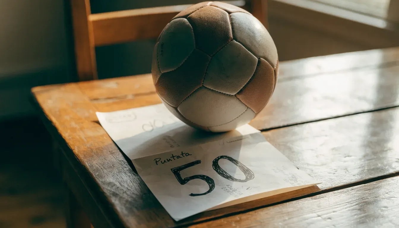 Un pallone da calcio appoggiato su una schedina bianca su un tavolo di legno, alla luce del giorno