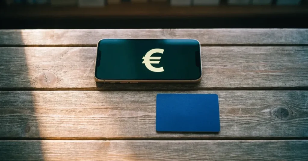 Uno smartphone e una carta di pagamento affiancati su un tavolo di legno, con alcune banconote da euro accanto