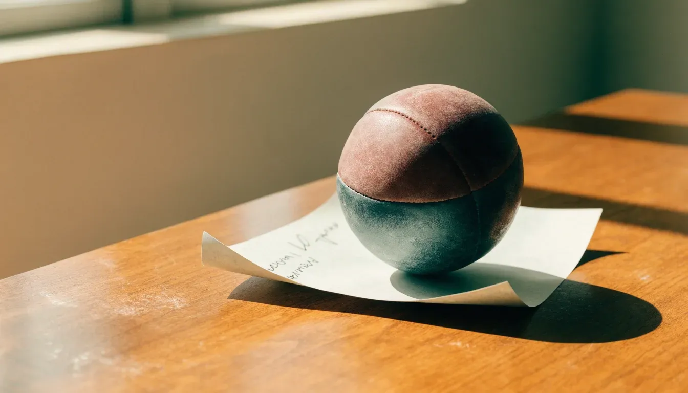 Un pallone da calcio appoggiato su una schedina bianca su un tavolo di legno, alla luce del giorno