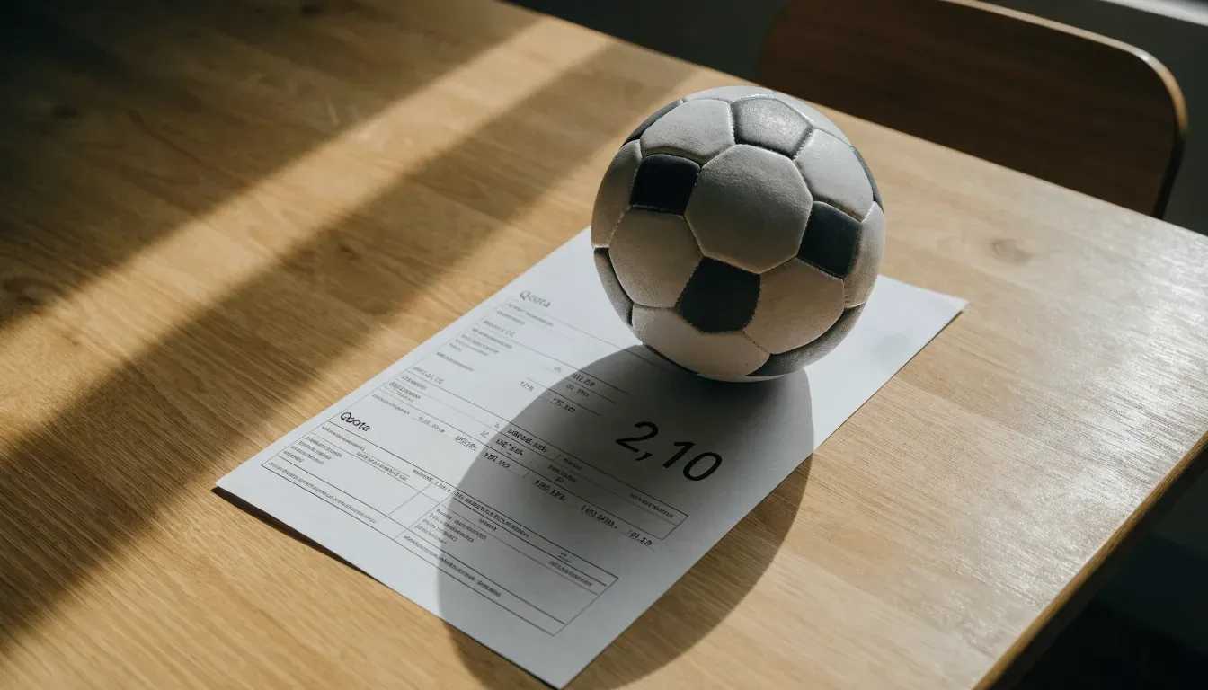 Un pallone da calcio appoggiato su una schedina bianca su un tavolo di legno, alla luce del giorno