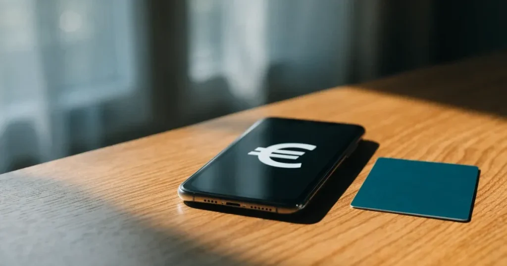 Uno smartphone e una carta di pagamento affiancati su un tavolo di legno, con alcune banconote da euro accanto