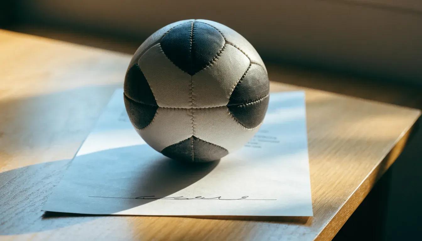 Un pallone da calcio appoggiato su una schedina bianca su un tavolo di legno, alla luce del giorno