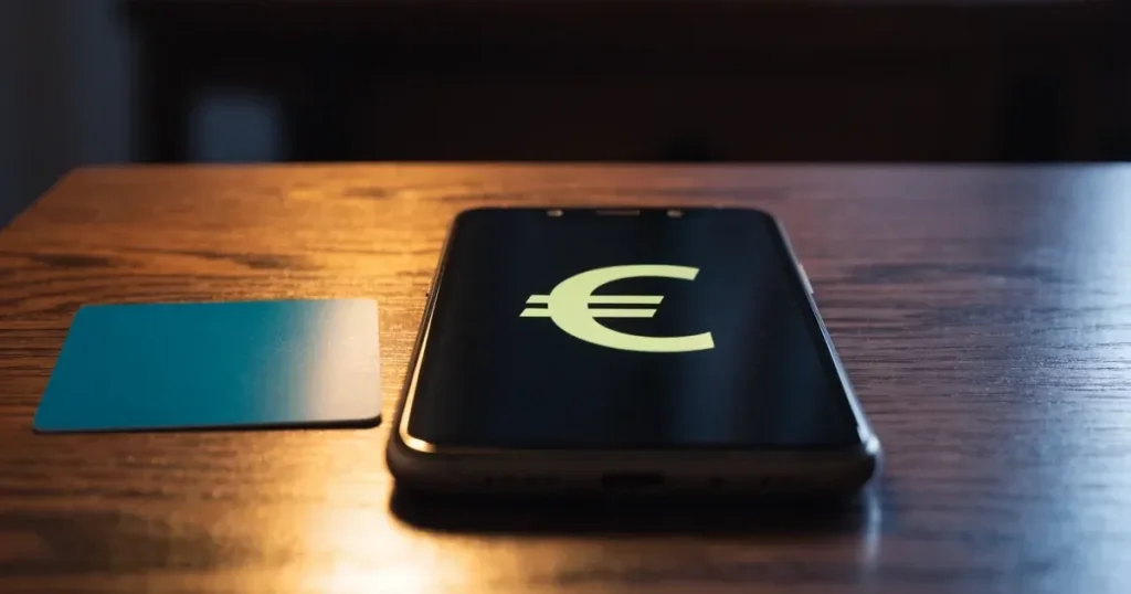 Uno smartphone e una carta di pagamento affiancati su un tavolo di legno, con alcune banconote da euro accanto