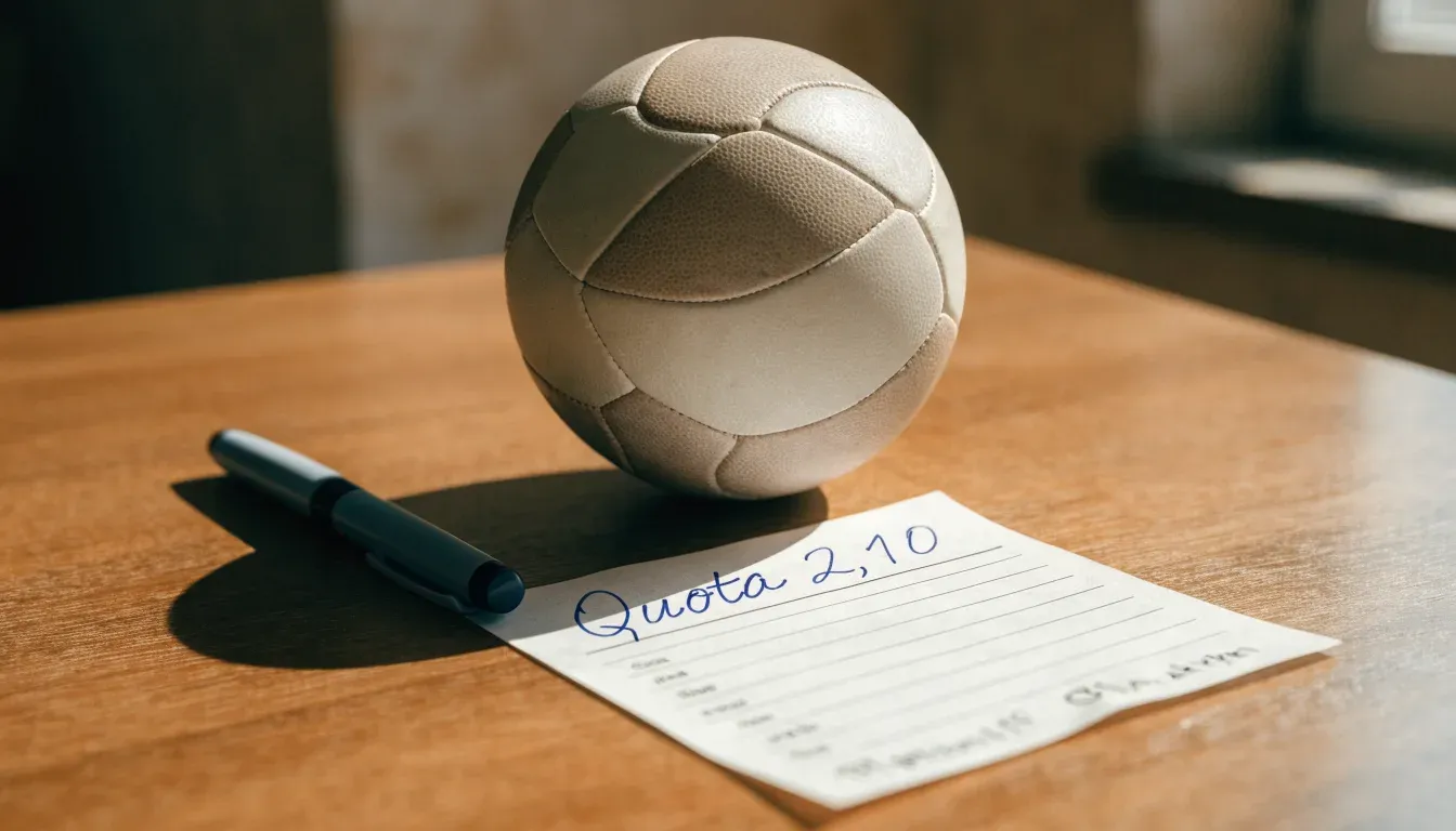 Un pallone da calcio appoggiato su una schedina bianca su un tavolo di legno, alla luce del giorno