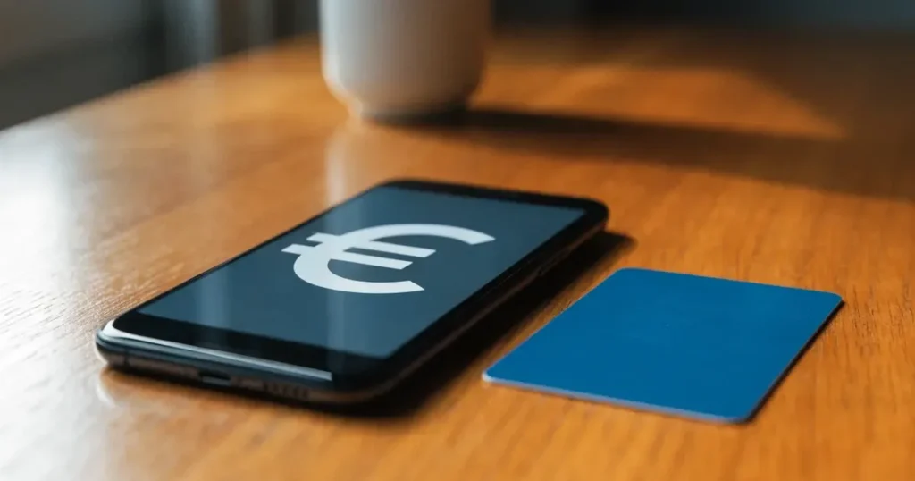 Uno smartphone e una carta di pagamento affiancati su un tavolo di legno, con alcune banconote da euro accanto