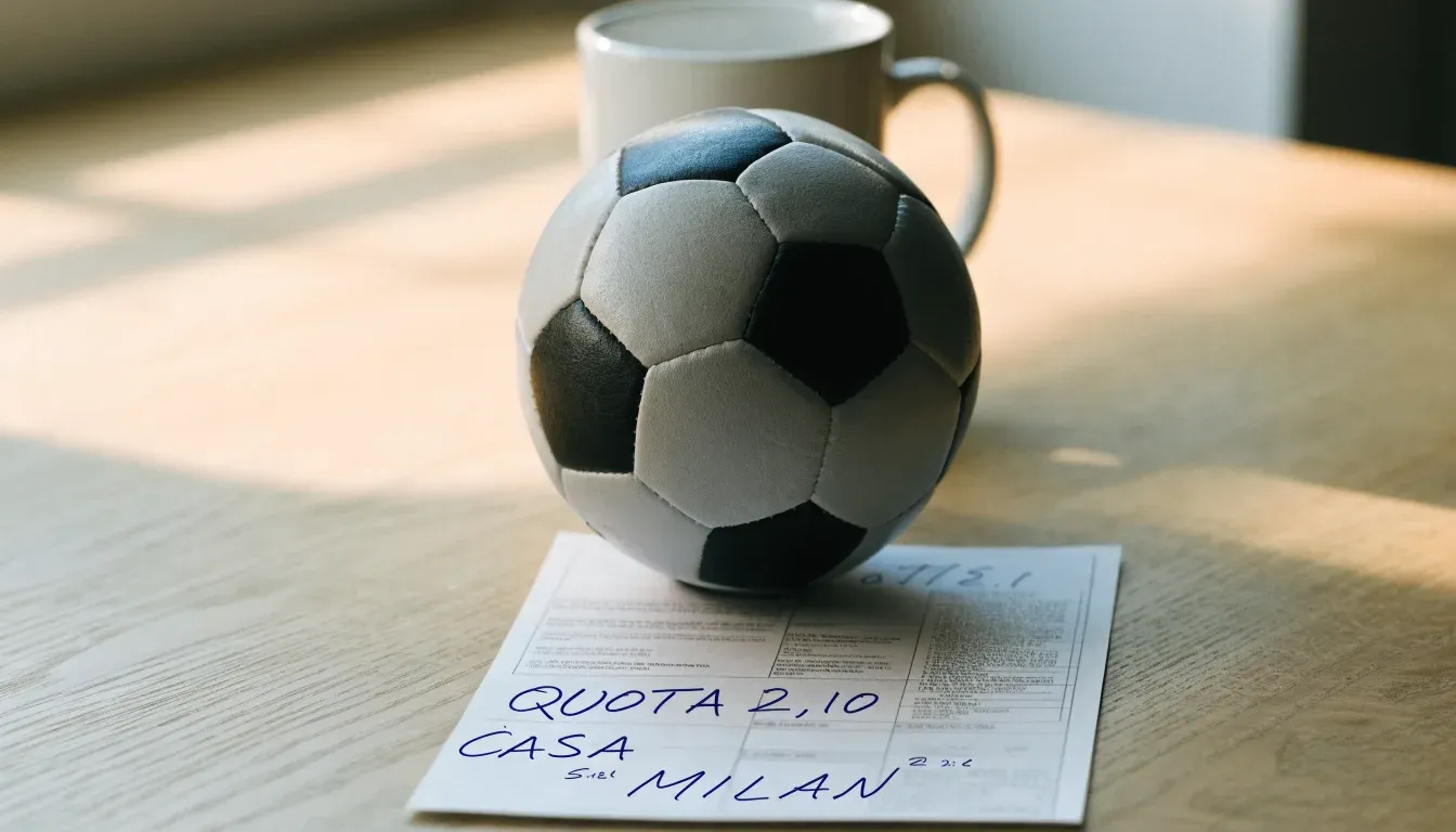 Un pallone da calcio appoggiato su una schedina bianca su un tavolo di legno, alla luce del giorno