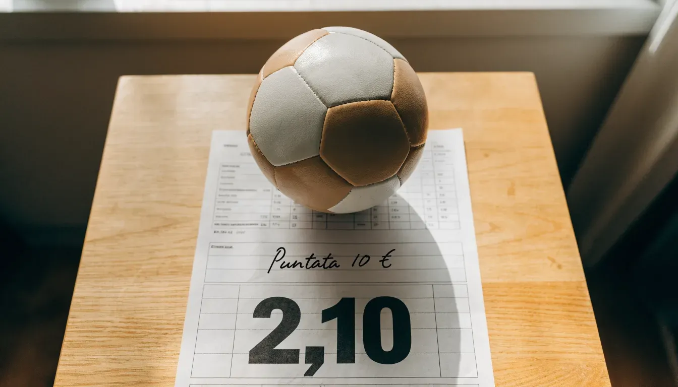Un pallone da calcio appoggiato su una schedina bianca su un tavolo di legno, alla luce del giorno