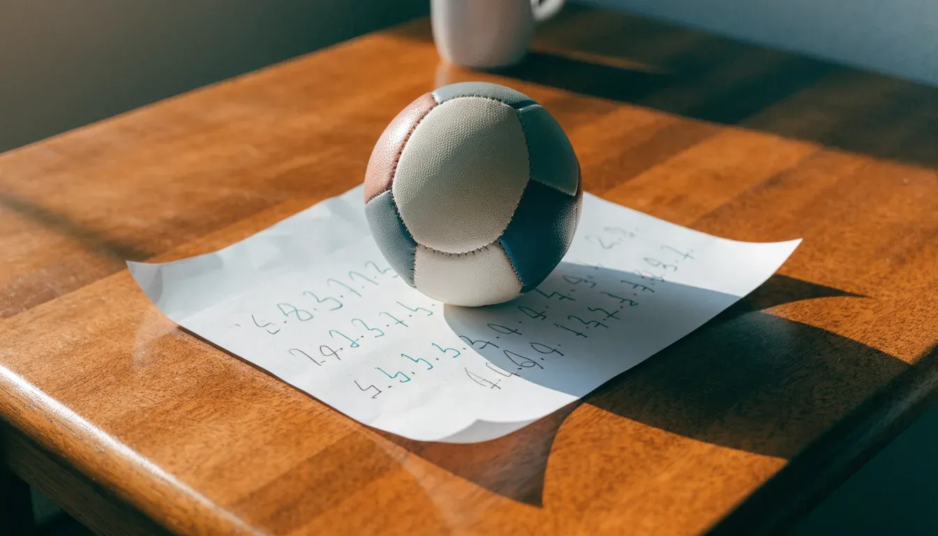 Un pallone da calcio appoggiato su una schedina bianca su un tavolo di legno, alla luce del giorno