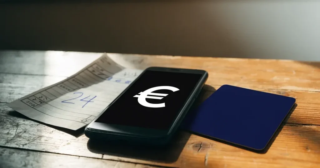 Uno smartphone e una carta di pagamento affiancati su un tavolo di legno, con alcune banconote da euro accanto