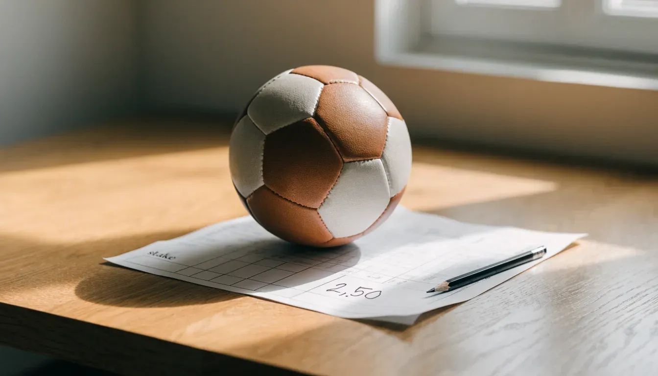 Un pallone da calcio appoggiato su una schedina bianca su un tavolo di legno, alla luce del giorno