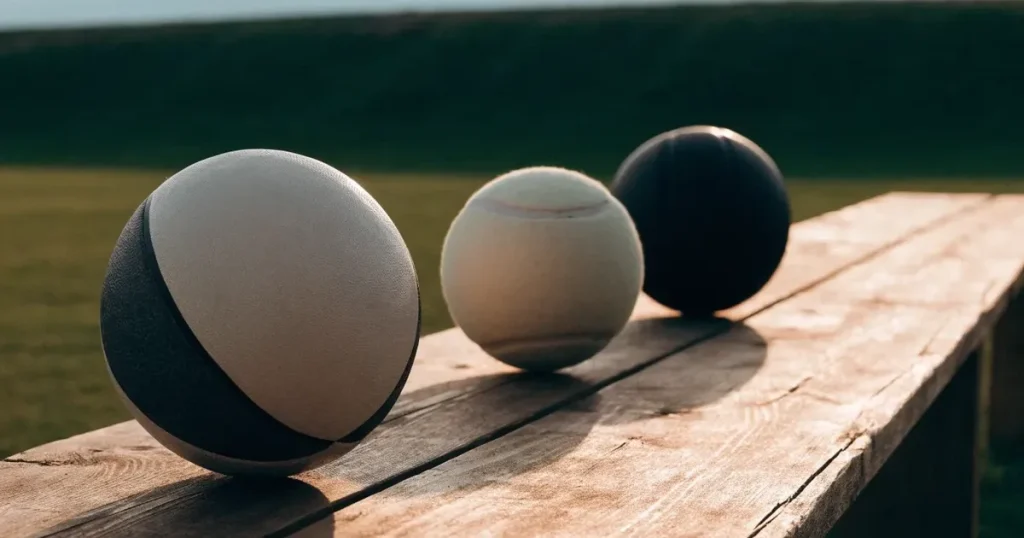 Tre palloni di sport diversi allineati uno accanto all'altro su una panca di legno