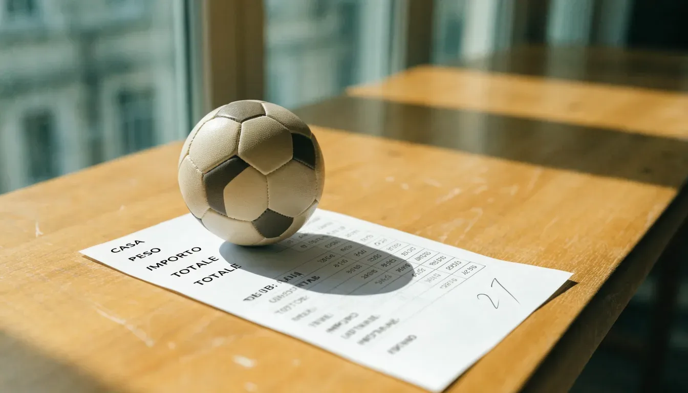 Un pallone da calcio appoggiato su una schedina bianca su un tavolo di legno, alla luce del giorno