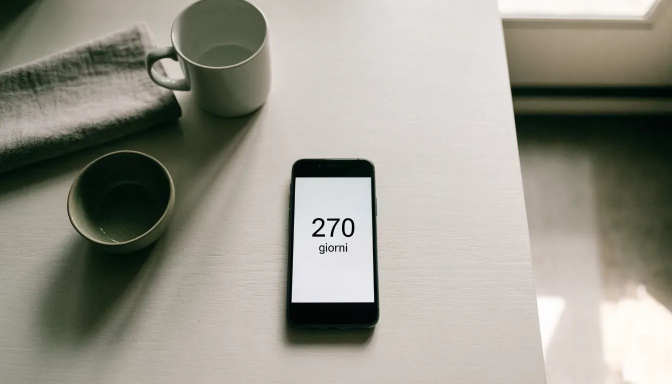 Un documento di identità appoggiato accanto a uno smartphone con un timer sullo schermo, su un tavolo da cucina