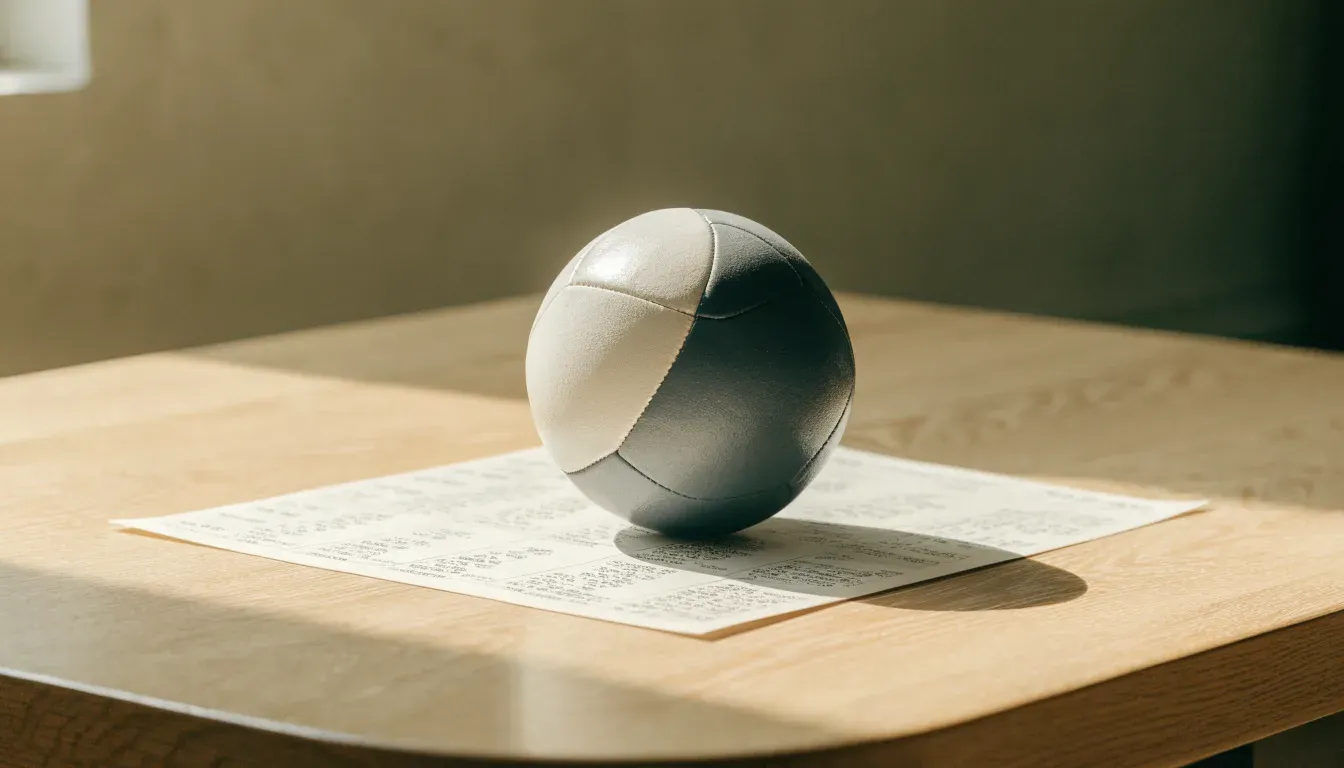 Un pallone da calcio appoggiato su una schedina bianca su un tavolo di legno, alla luce del giorno