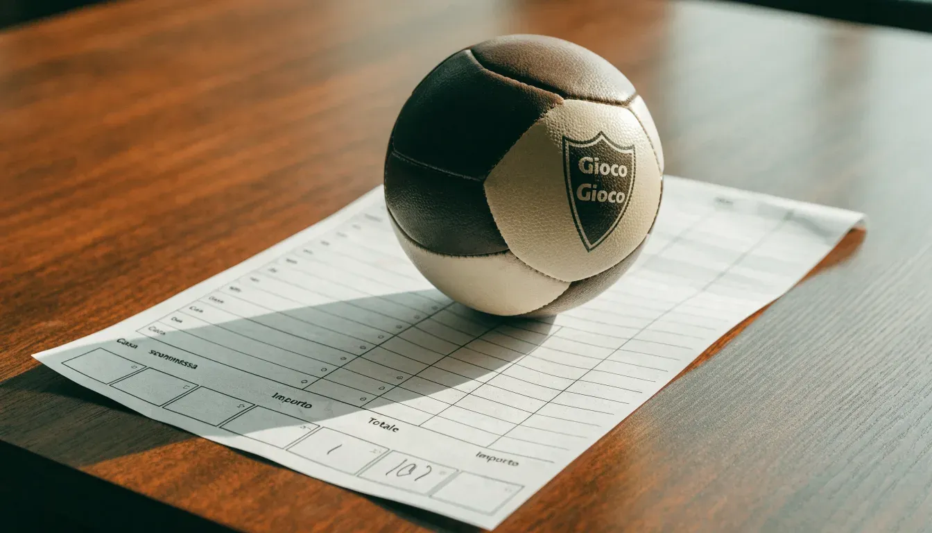 Un pallone da calcio appoggiato su una schedina bianca su un tavolo di legno, alla luce del giorno