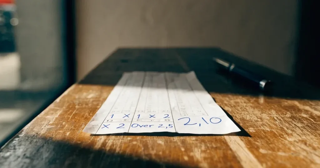 Una schedina con diverse selezioni segnate a penna su un bancone di legno