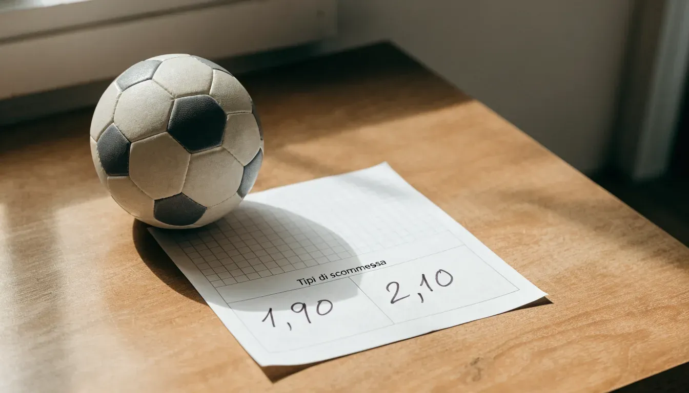 Un pallone da calcio appoggiato su una schedina bianca su un tavolo di legno, alla luce del giorno
