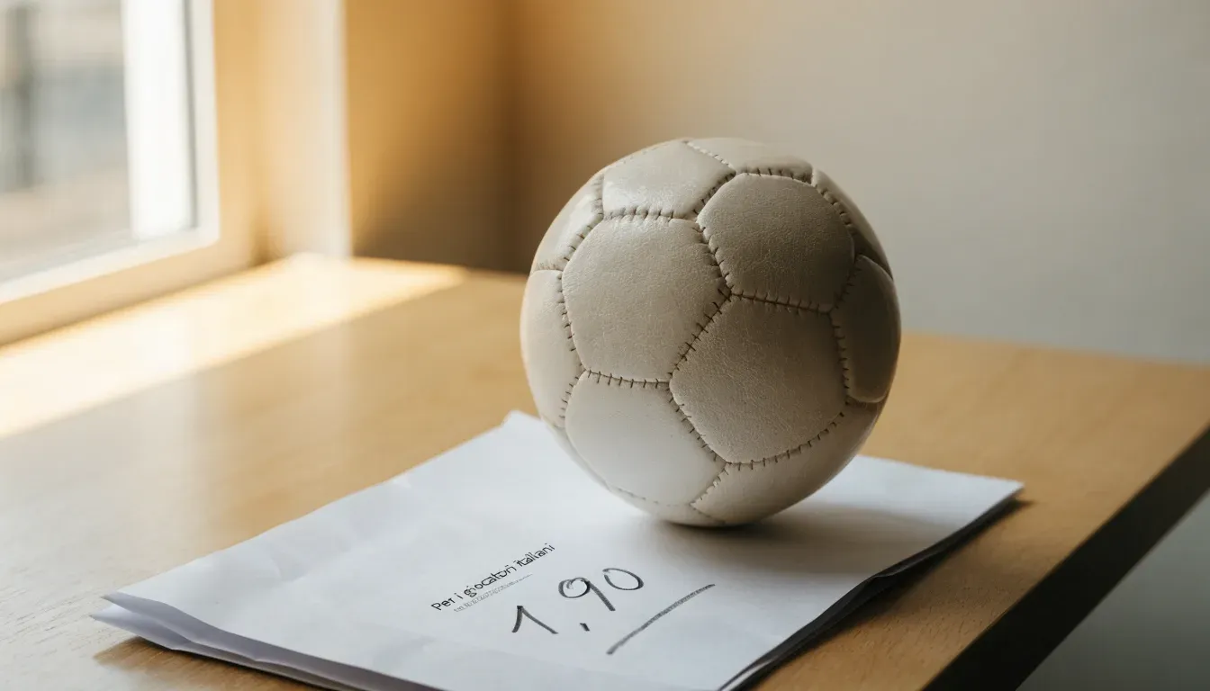 Un pallone da calcio appoggiato su una schedina bianca su un tavolo di legno, alla luce del giorno