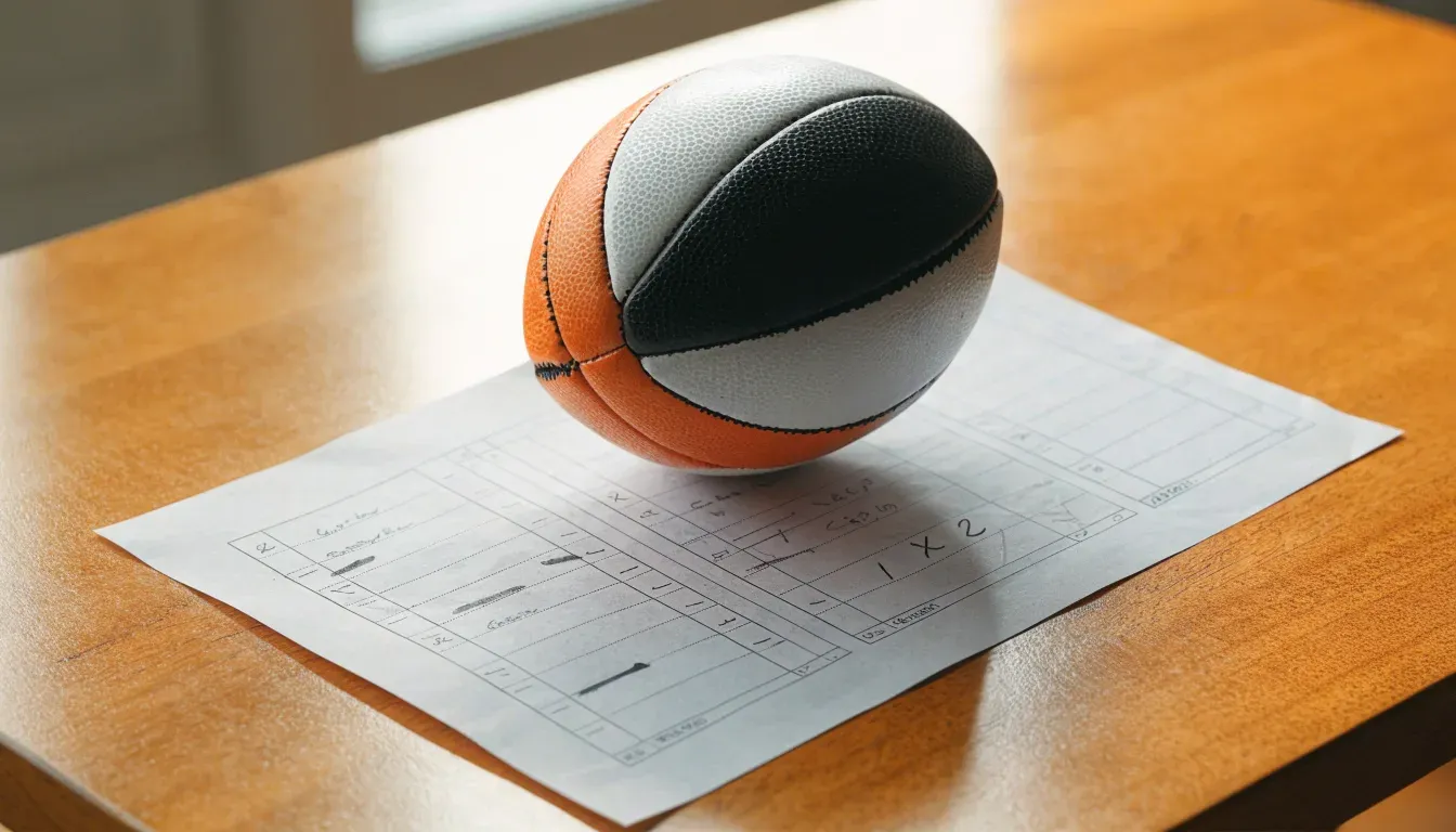 Un pallone da calcio appoggiato su una schedina bianca su un tavolo di legno, alla luce del giorno