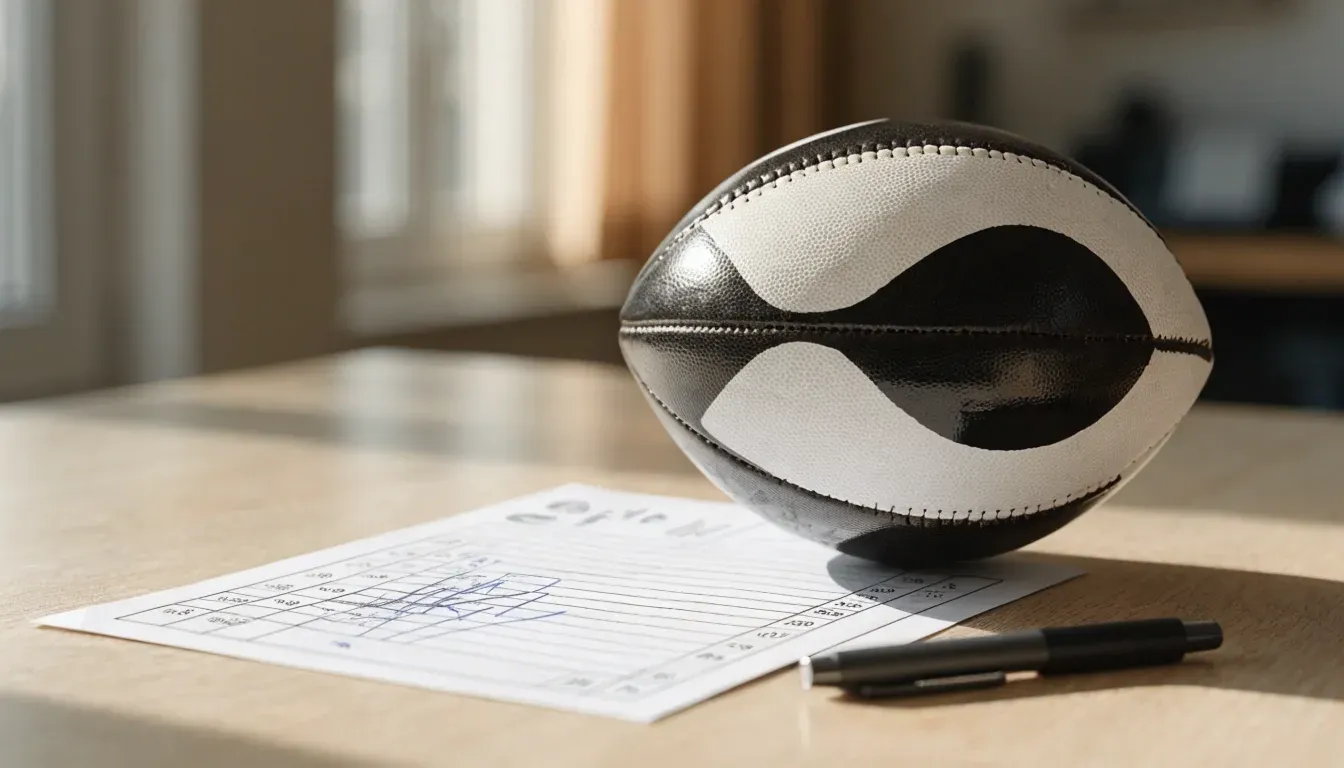 Un pallone da calcio appoggiato su una schedina bianca su un tavolo di legno, alla luce del giorno